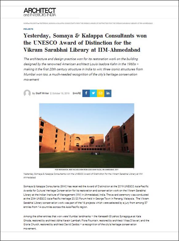 Yesterday, Somaya and Kalappa Consultants won the UNESCO Award of Distinction for the Vikram Sarabhai Library at IIM Ahmedabad. AD Interiors India
